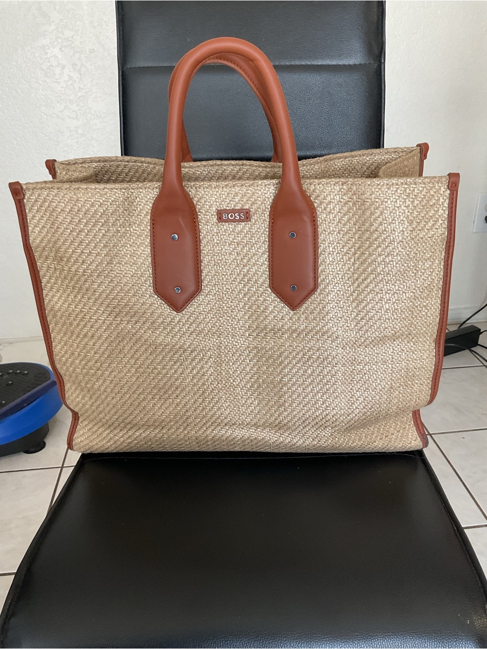 Boss Natural Woven Tote with Tan Leather Trim